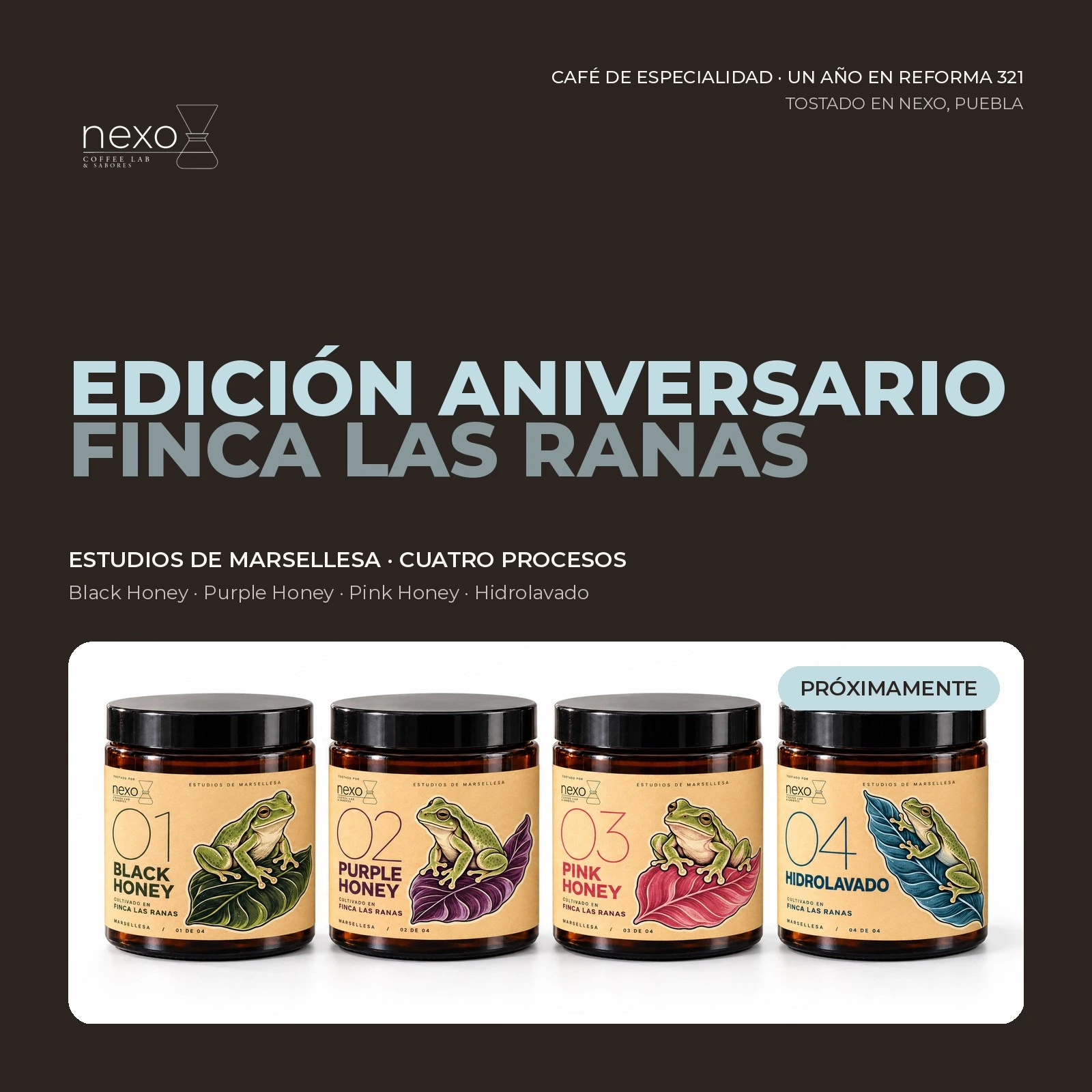 Café de aniversario de NEXO con Finca Las Ranas: cuatro frascos de café